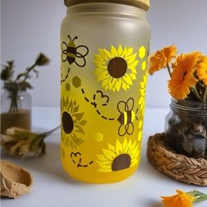 Yellow Sunflower and Bee Glass Jar